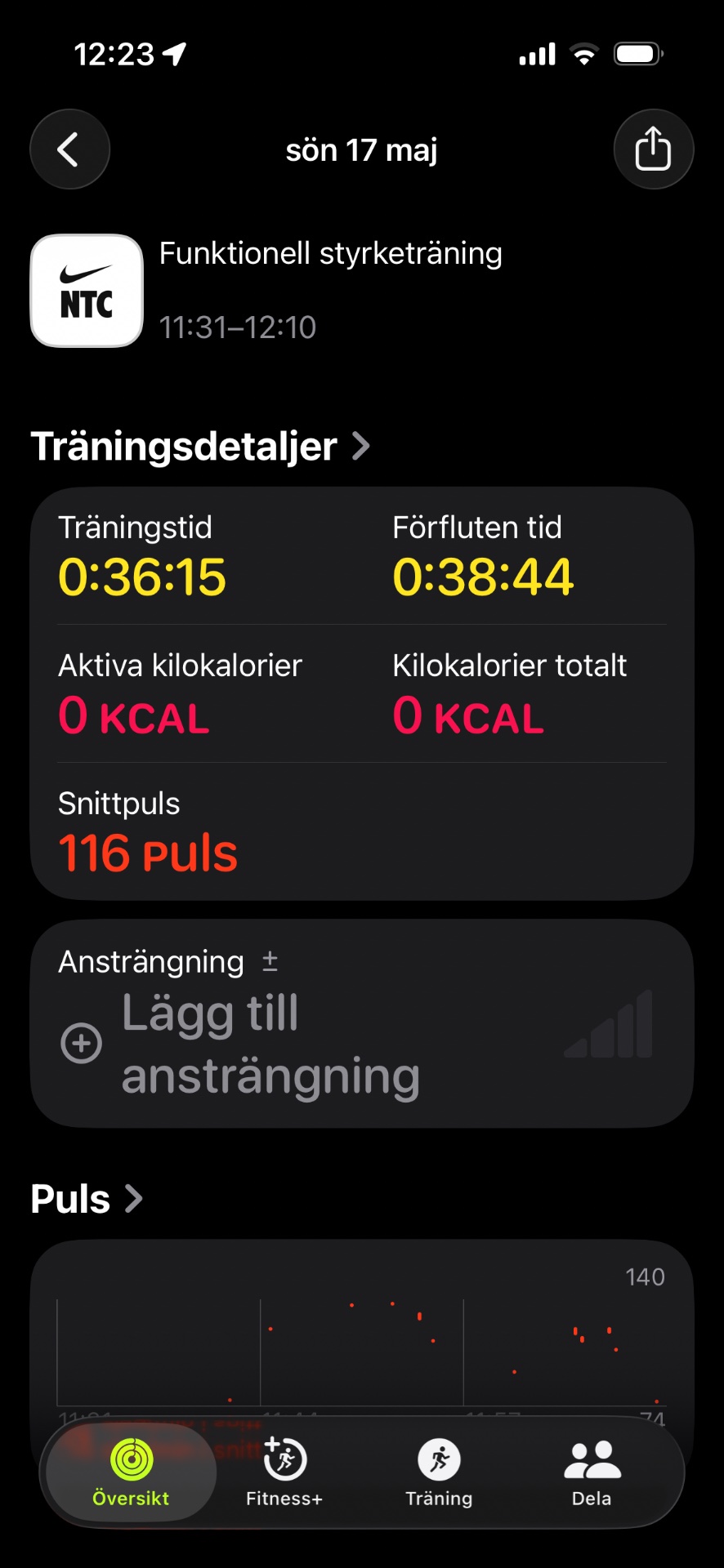 A functional strength training session lasting 36 minutes from the NTC (Nike Training Club) app, featuring bodyweight and resistance exercises with a heart rate that peaked at 116 bpm.