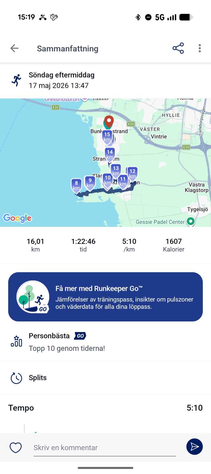 A fantastic 16 km run completed on Sunday afternoon with an average pace of 5:10/km, burning 1607 calories! The route tracked along the coast near Bunka strand in Sweden, showcasing a solid endurance workout.