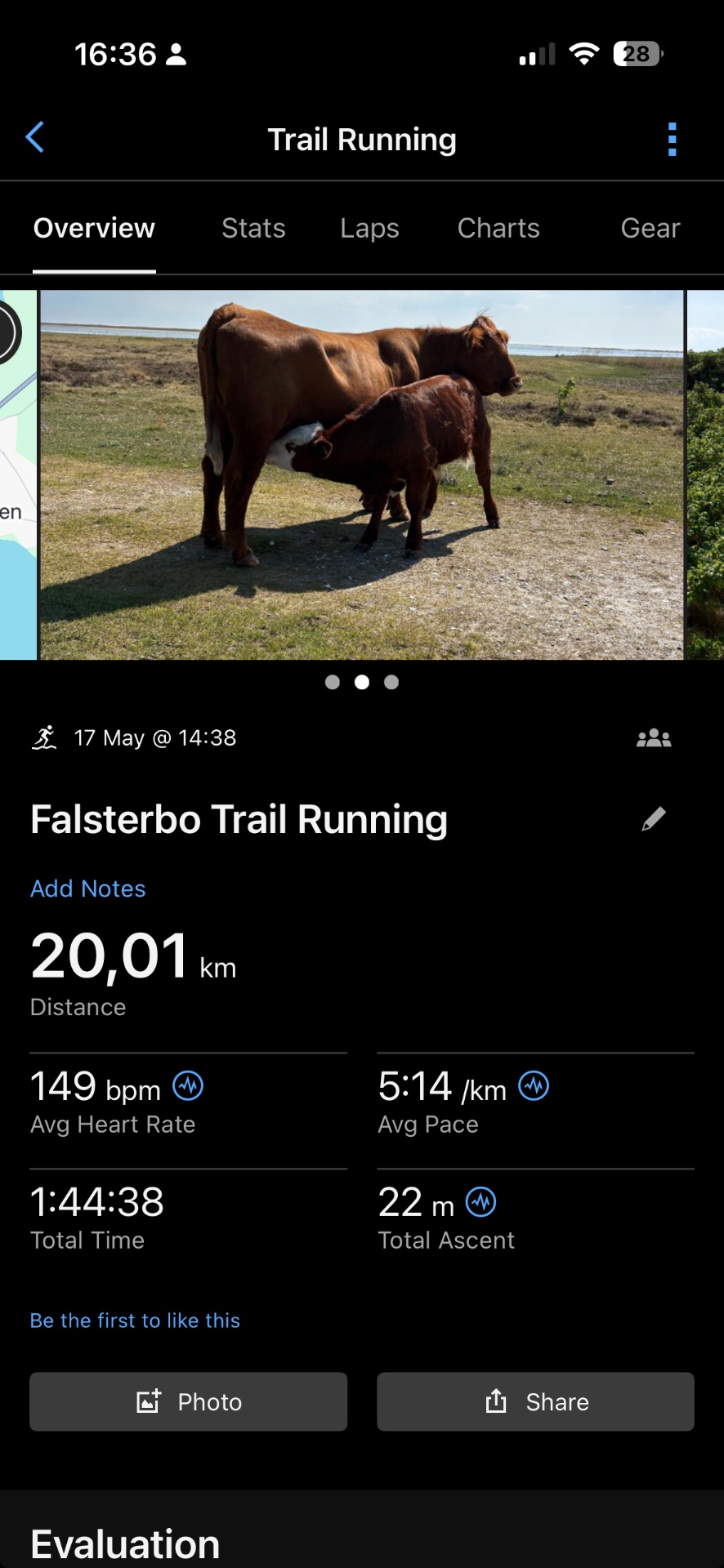 An impressive 20.01 km trail run completed in 1 hour 44 minutes with an average pace of 5:14/km and heart rate of 149 bpm. Beautiful outdoor terrain on the Falsterbo Trail!