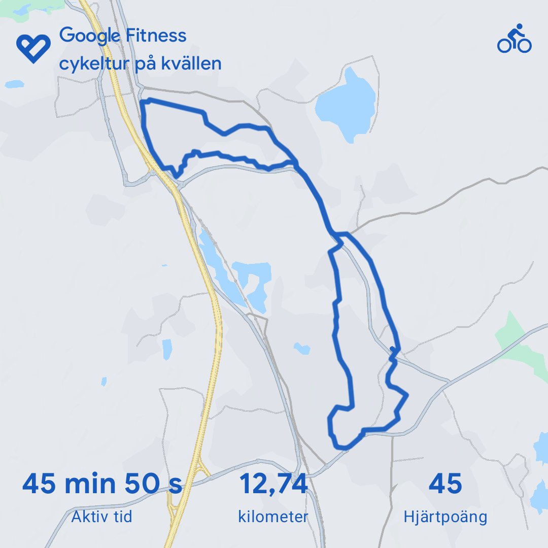 A scenic cycling route tracked on Google Fitness covering 12.74 kilometers in 45 minutes 50 seconds on a beautiful trail. Great outdoor bike ride with solid distance and pace!