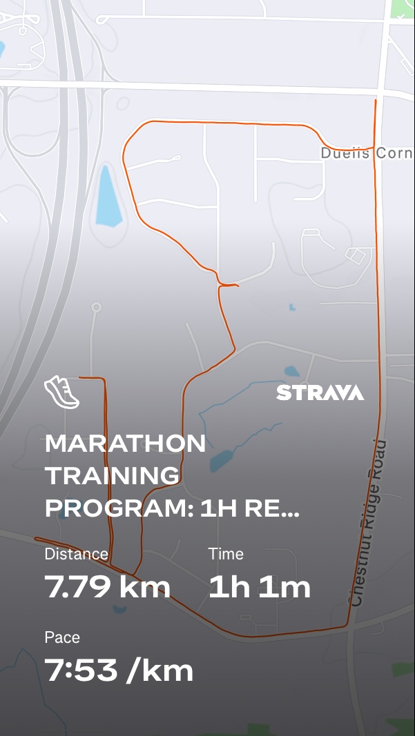 Marathon training run completed via Strava! This 7.79 km workout at a solid 7:53/km pace over 1 hour 1 minute shows excellent endurance work.