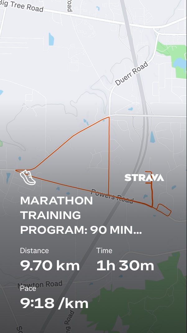 An impressive 9.7 km marathon training run completed in 1 hour 30 minutes at a solid 9:18/km pace! This Strava screenshot captures a solid long-run session as part of a structured marathon training program.