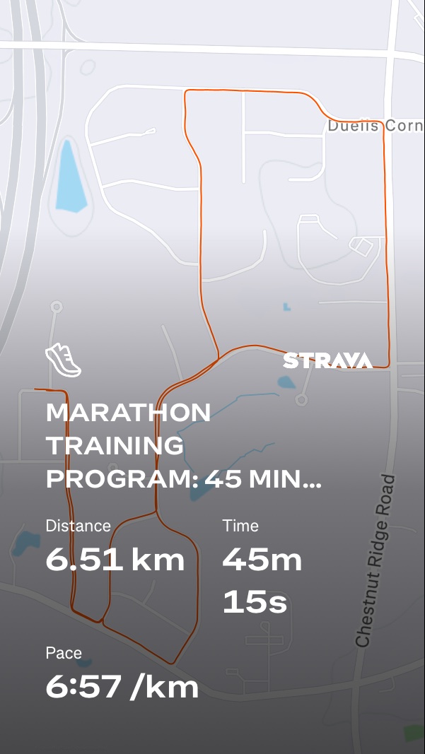 Marathon training run captured on Strava! This 6.51 km run was completed in 45 minutes and 15 seconds at a solid 6:57/km pace—great work building that endurance.