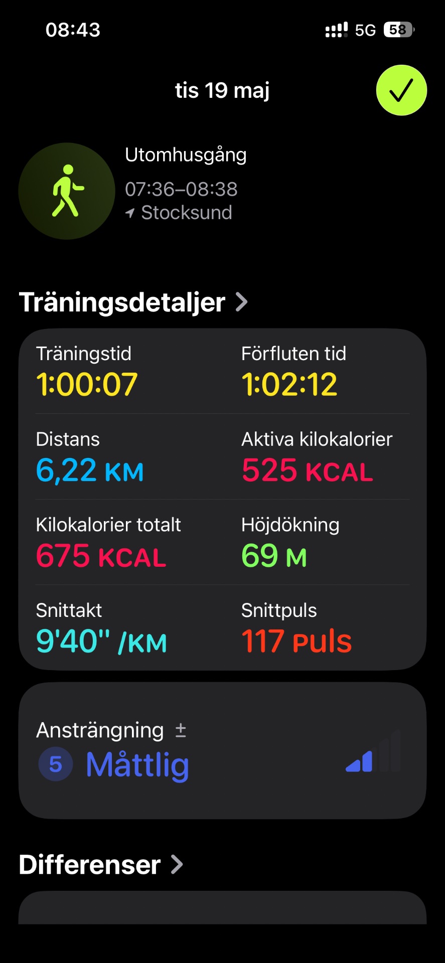 A morning walk in Stocksund covering 6.22 km in just over an hour, burning 525 active calories with an impressive average pace of 9'40" per km!