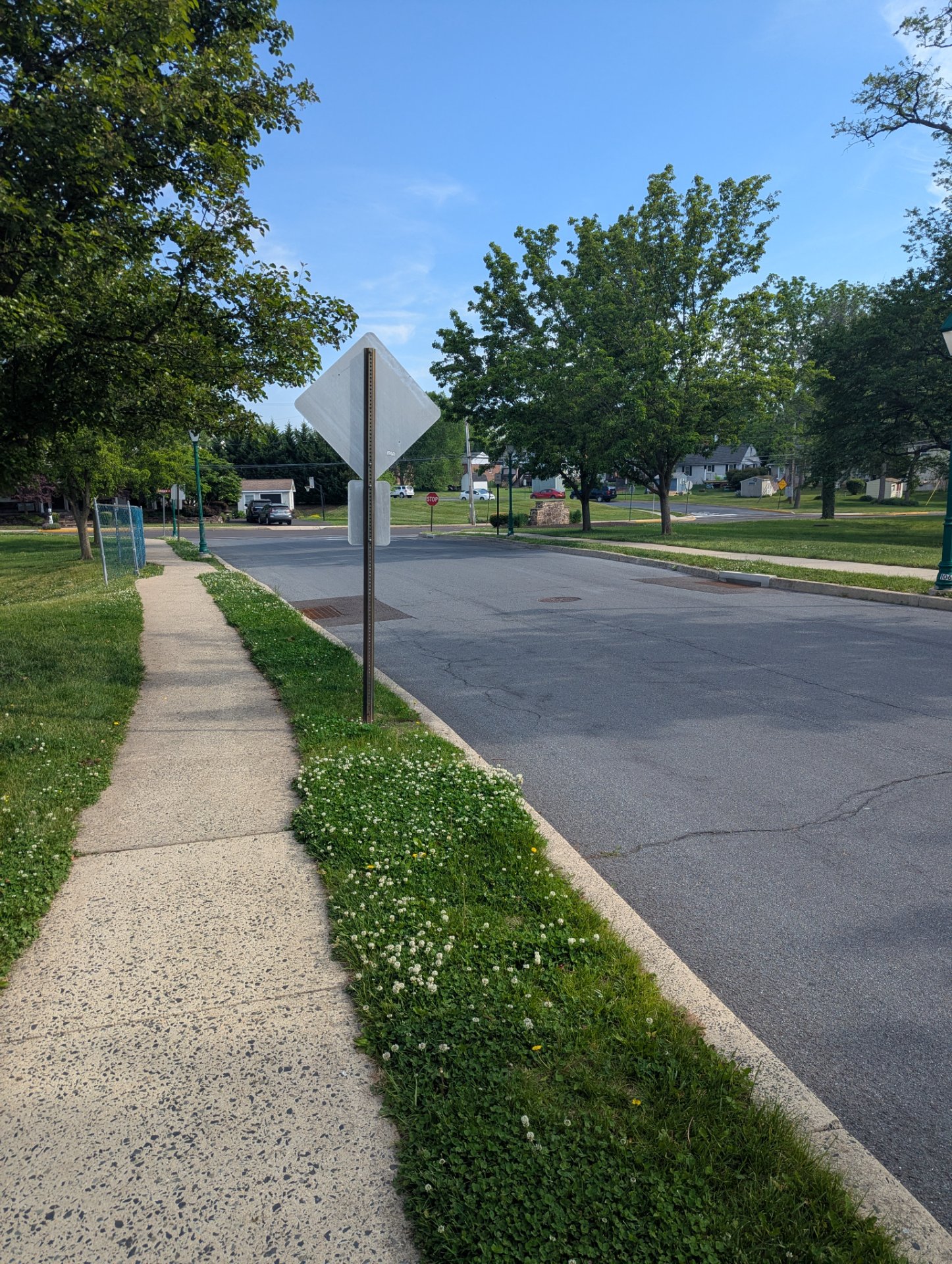 A scenic outdoor walk or run through a residential neighborhood on a beautiful sunny day, perfect for getting steps in and enjoying nature!