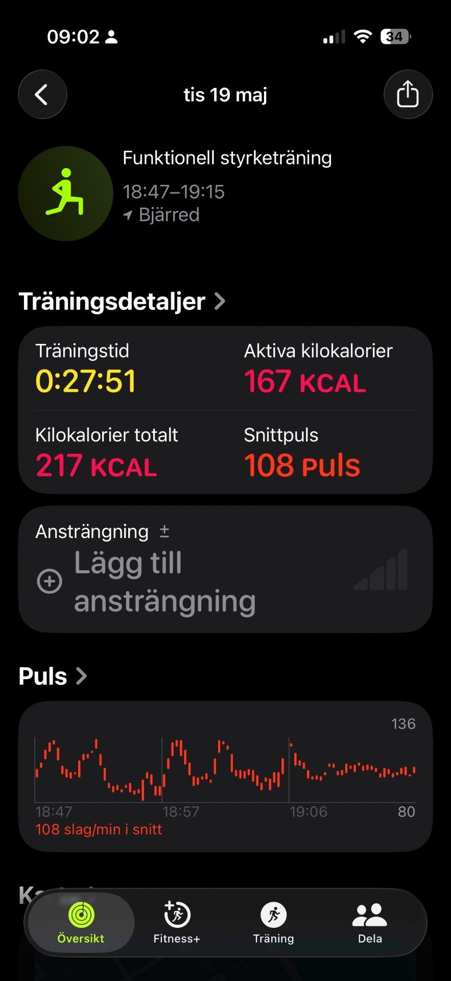 A functional strength training session lasting 28 minutes with 217 total calories burned and 108 beats per minute average heart rate. This workout focused on resistance-based exercises from 18:47-19:15.