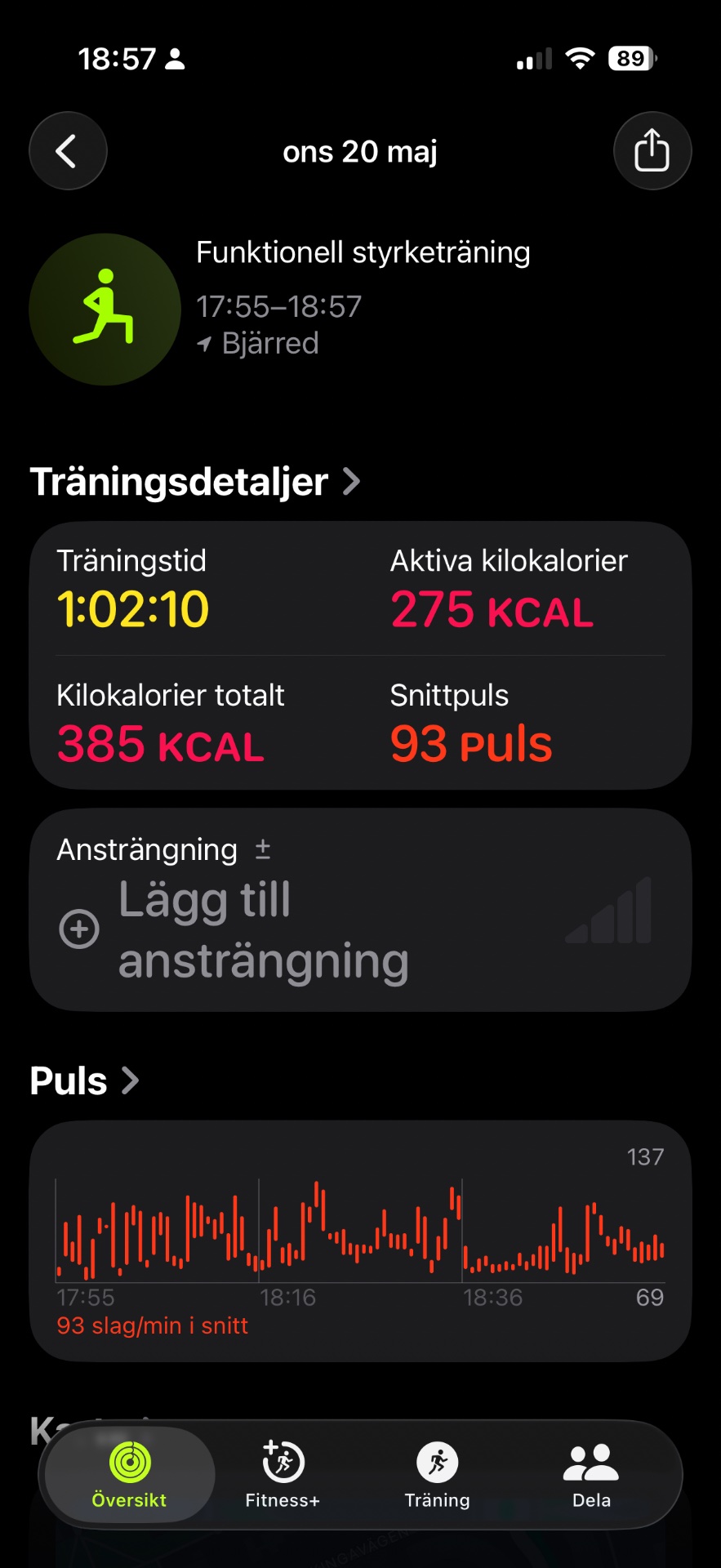 Functional strength training session lasting just over an hour with 275 active calories burned and 93 beats per minute average heart rate. A solid workout focusing on resistance and functional movement patterns!