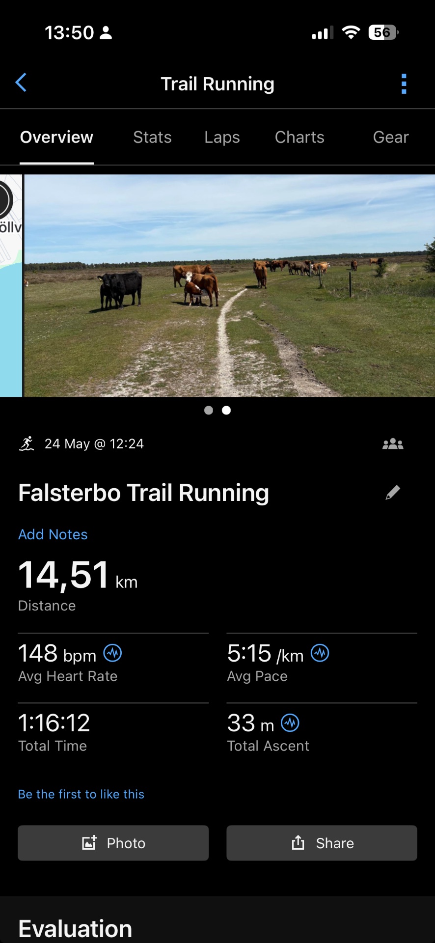 An impressive trail running session covering 14.51 km through scenic pastureland with cattle grazing nearby! With an average pace of 5:15/km and sustained heart rate of 148 bpm over 1 hour 16 minutes, this was a solid endurance effort on the Falsterbo Trail.