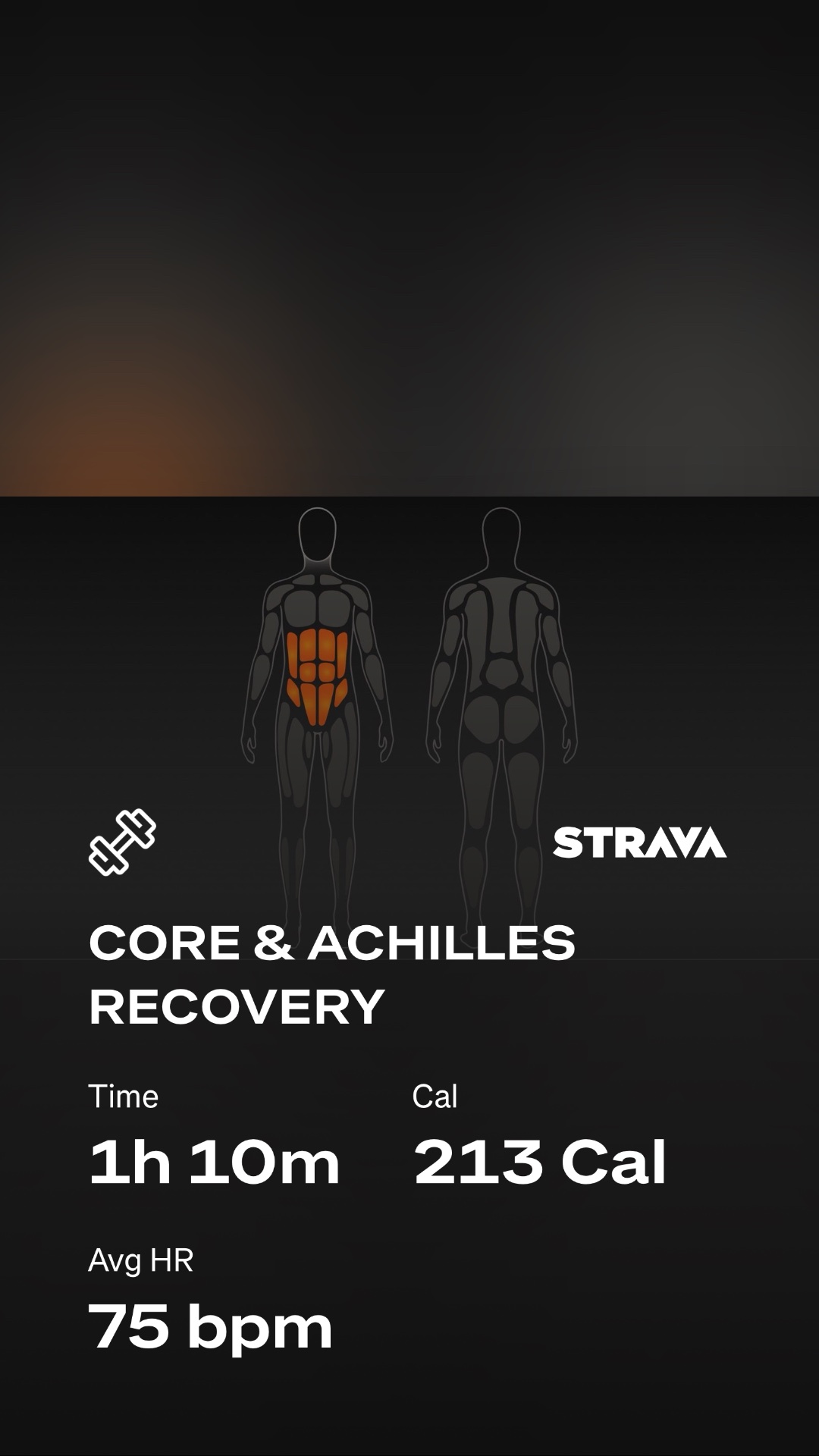 A focused core and achilles recovery workout from Strava lasting 1 hour 10 minutes, targeting abdominal and lower body stability with 213 calories burned.