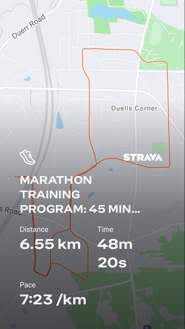 Marathon training run covering 6.55 km in 48 minutes and 20 seconds at a pace of 7:23/km. This is solid aerobic work as part of a structured marathon training program!