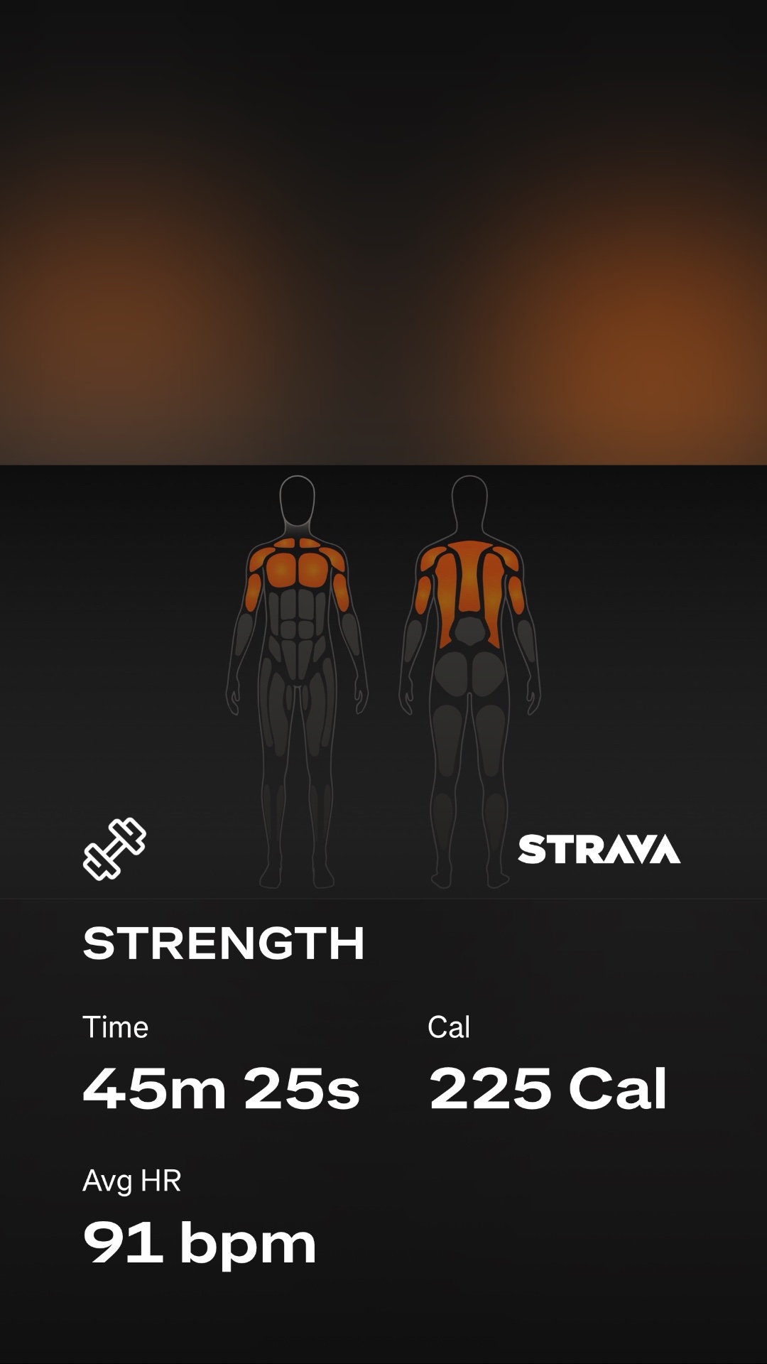 A focused strength training session from Strava showing targeted upper body and core work! 45 minutes of solid effort burned 225 calories with an average heart rate of 91 bpm.