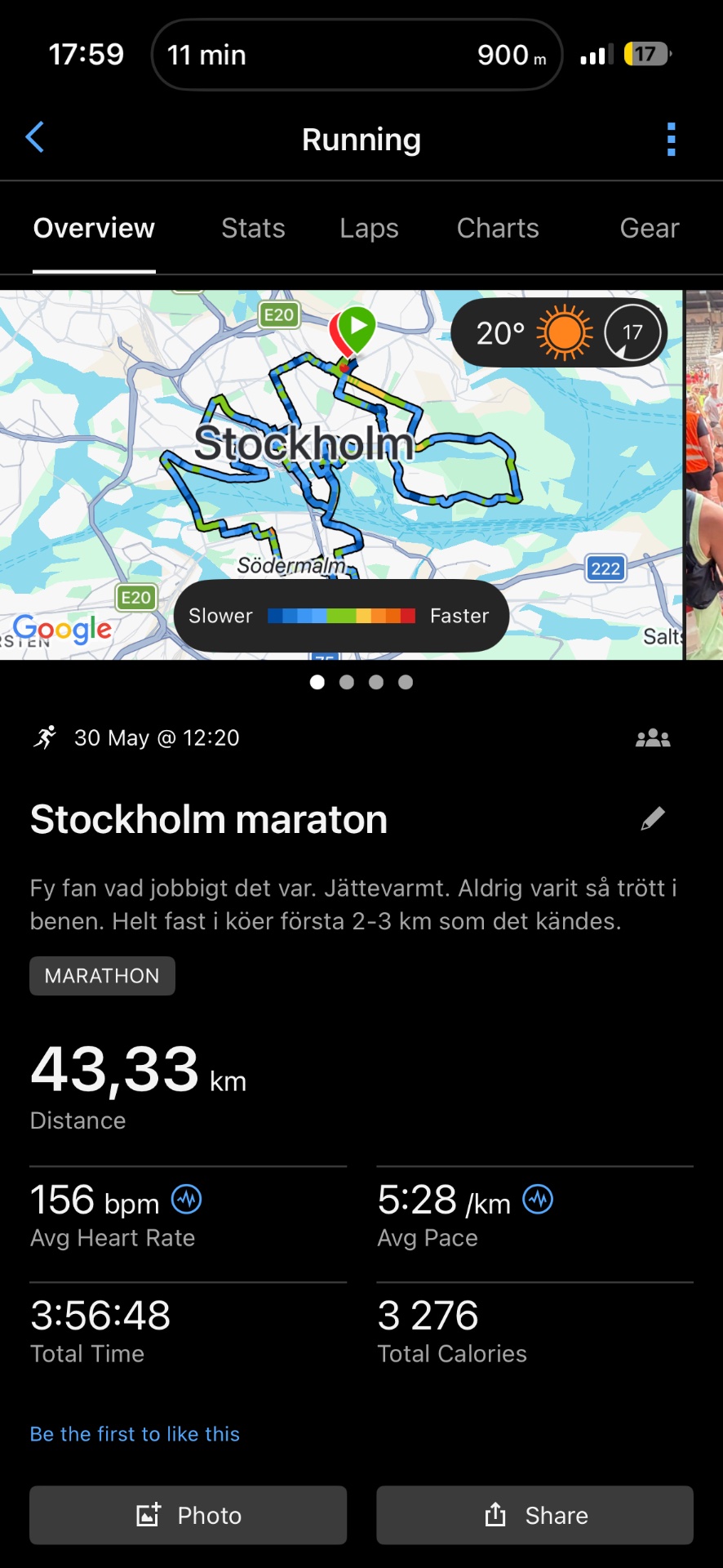 An impressive Stockholm marathon run covering 43.33 km in 3 hours 56 minutes with an average pace of 5:28/km and heart rate of 156 bpm. This is a fantastic full marathon achievement!