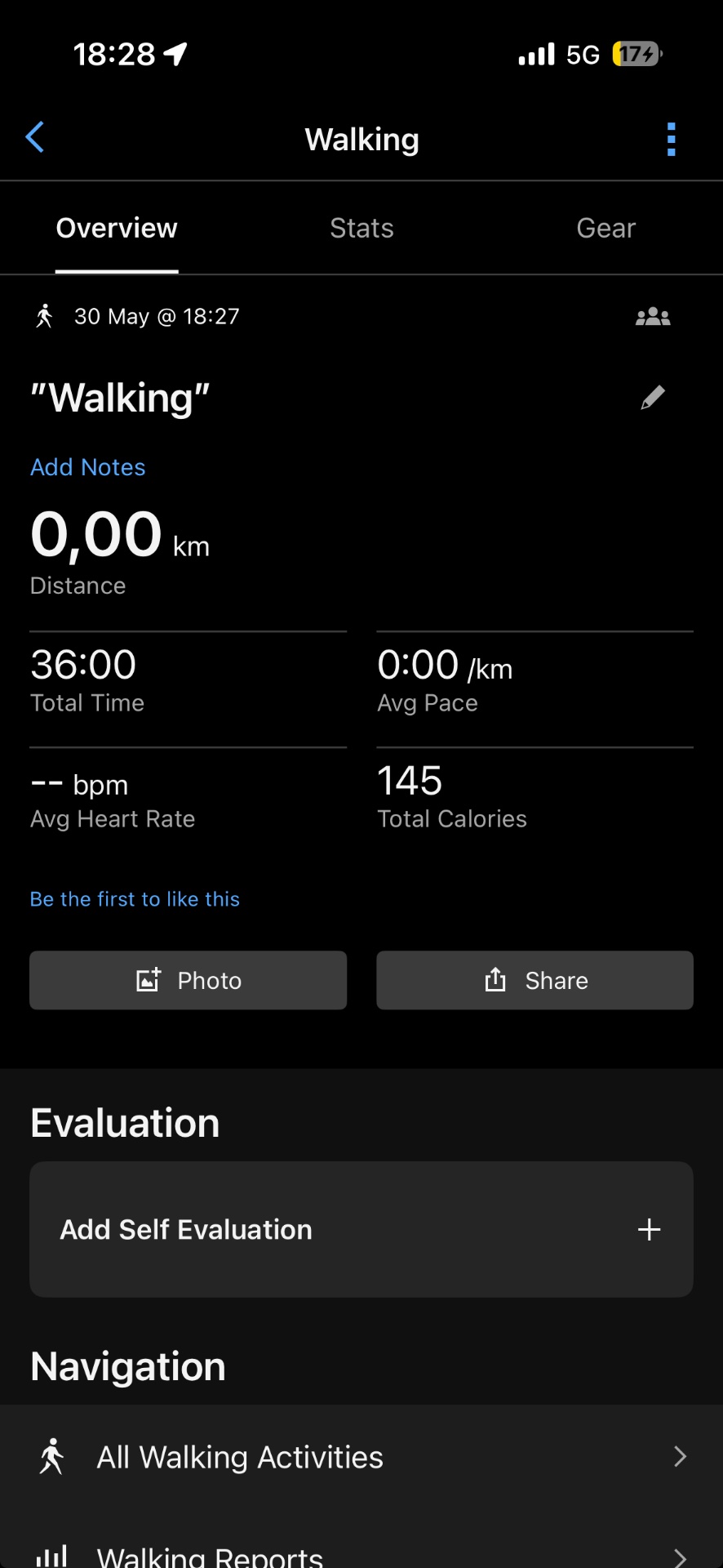 A 36-minute walking session completed on May 30th, burning 145 calories with an average heart rate monitored throughout the activity.