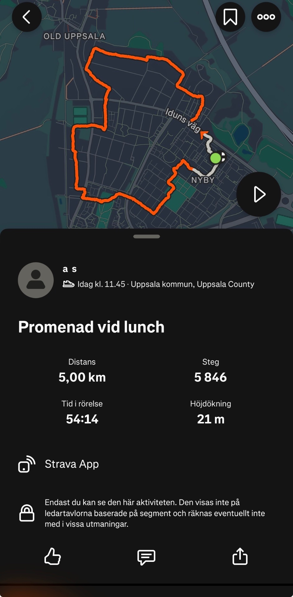 A lunchtime walk covering 5 km in Uppsala, Sweden! This 54-minute stroll logged 5,846 steps and 21 meters of elevation gain, captured via the Strava app.