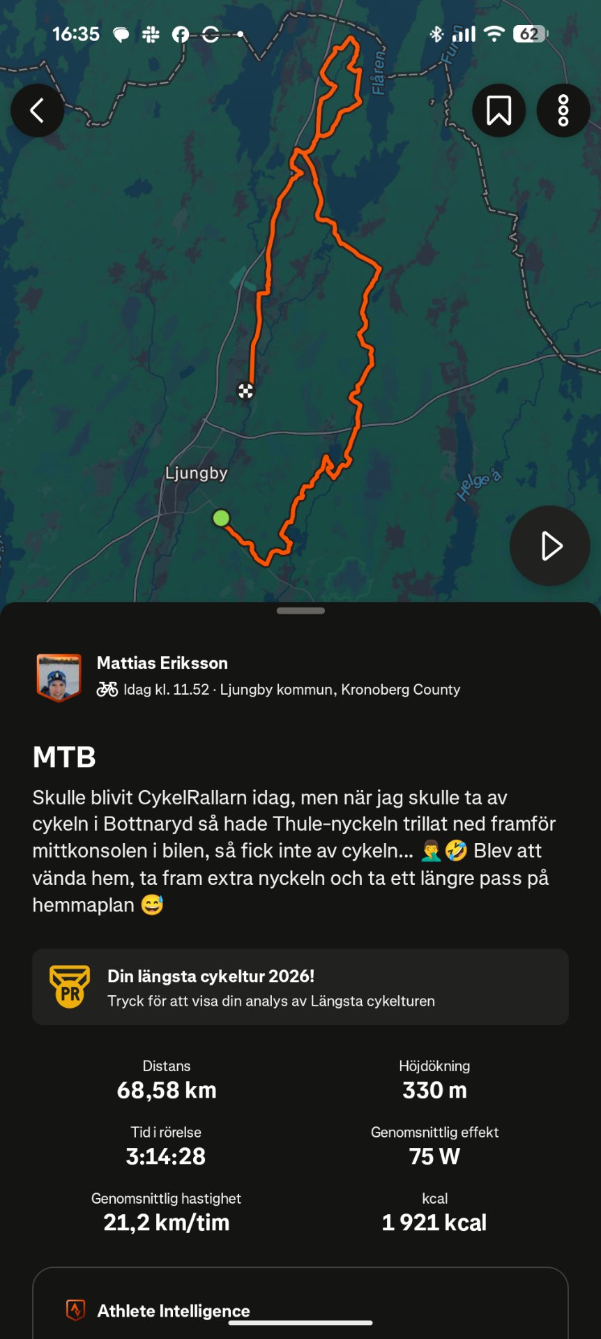 An impressive 68.58 km mountain bike ride through Ljungby kommun in Sweden, completed in 3 hours 14 minutes with 330m elevation gain. This is a solid long-distance MTB adventure!