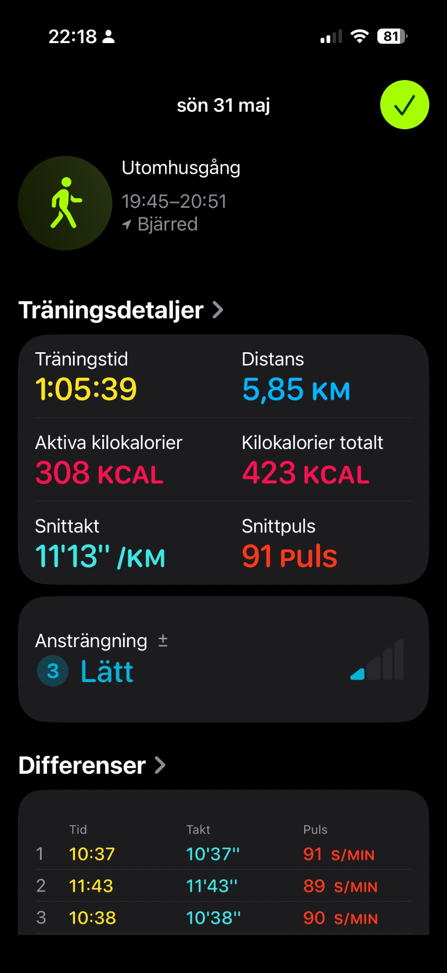 A 1 hour 5 minute outdoor run covering 5.85 km with an average pace of 11'13" per km, burning 423 total calories. The workout included consistent effort with heart rate averaging around 90 bpm.