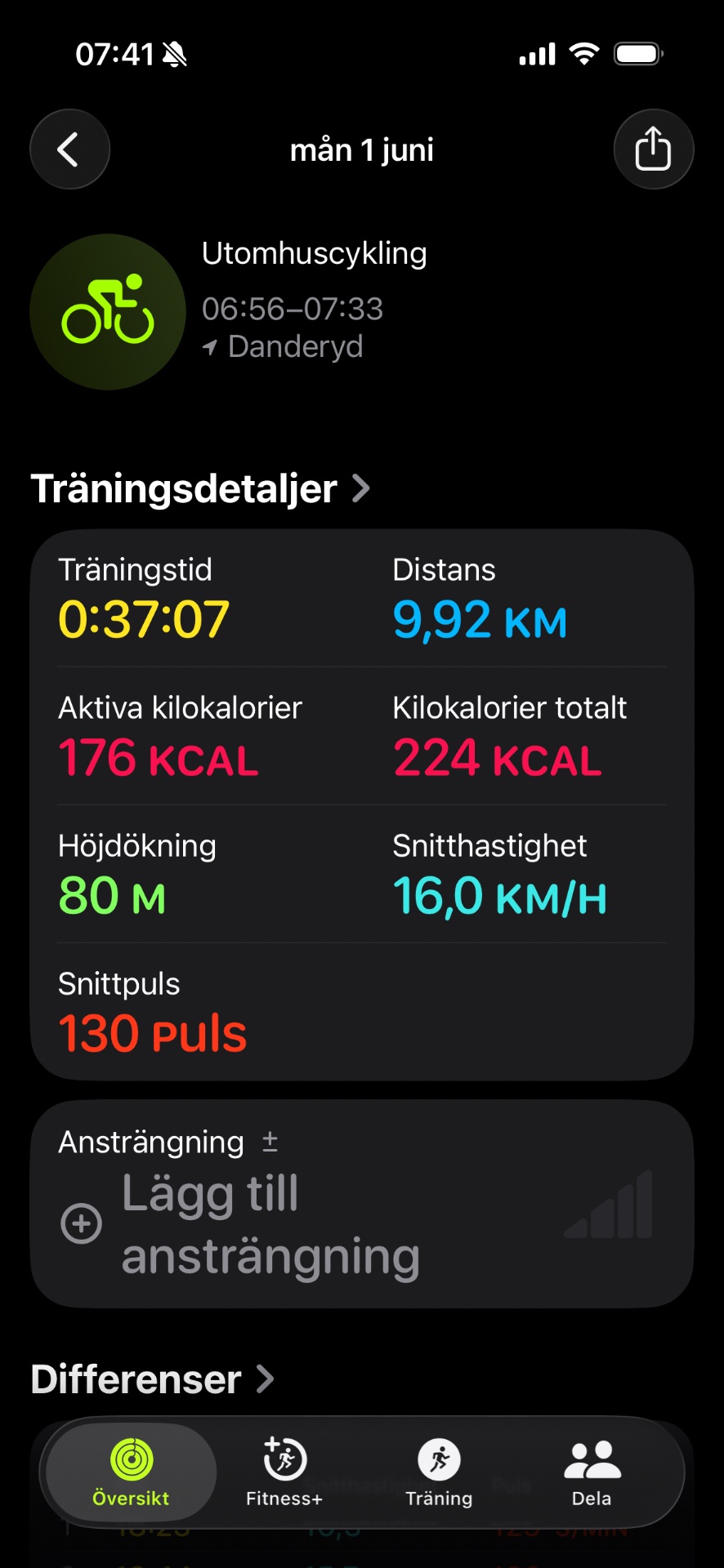 Outdoor cycling session covering 9.92 km in just over 37 minutes with an average speed of 16 km/h. A solid morning ride starting at 06:56 from Danderyd!