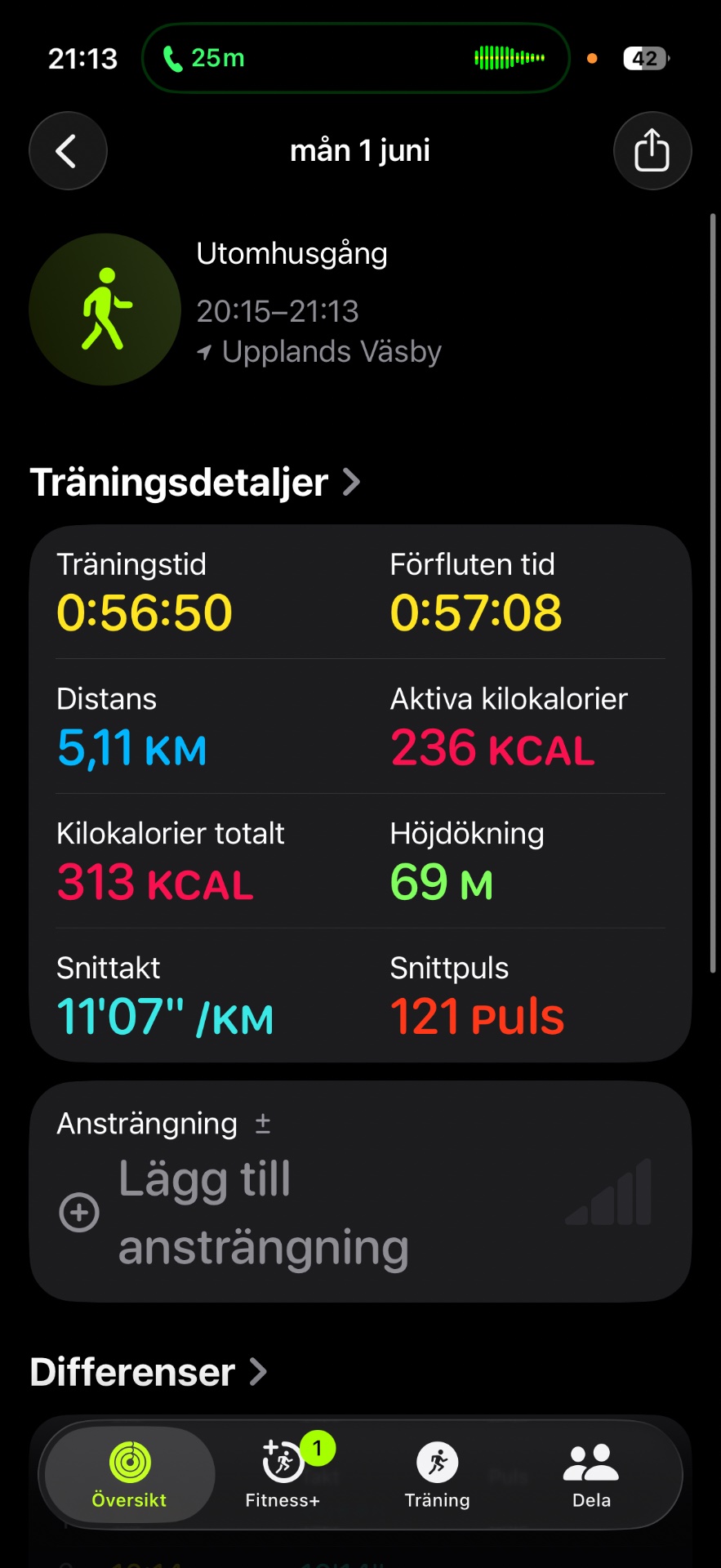 An outdoor walking session at Upplands Vรคsby covering 5.11 km in 56 minutes 50 seconds. Burned 236 active calories with an average pace of 11'07" per km.