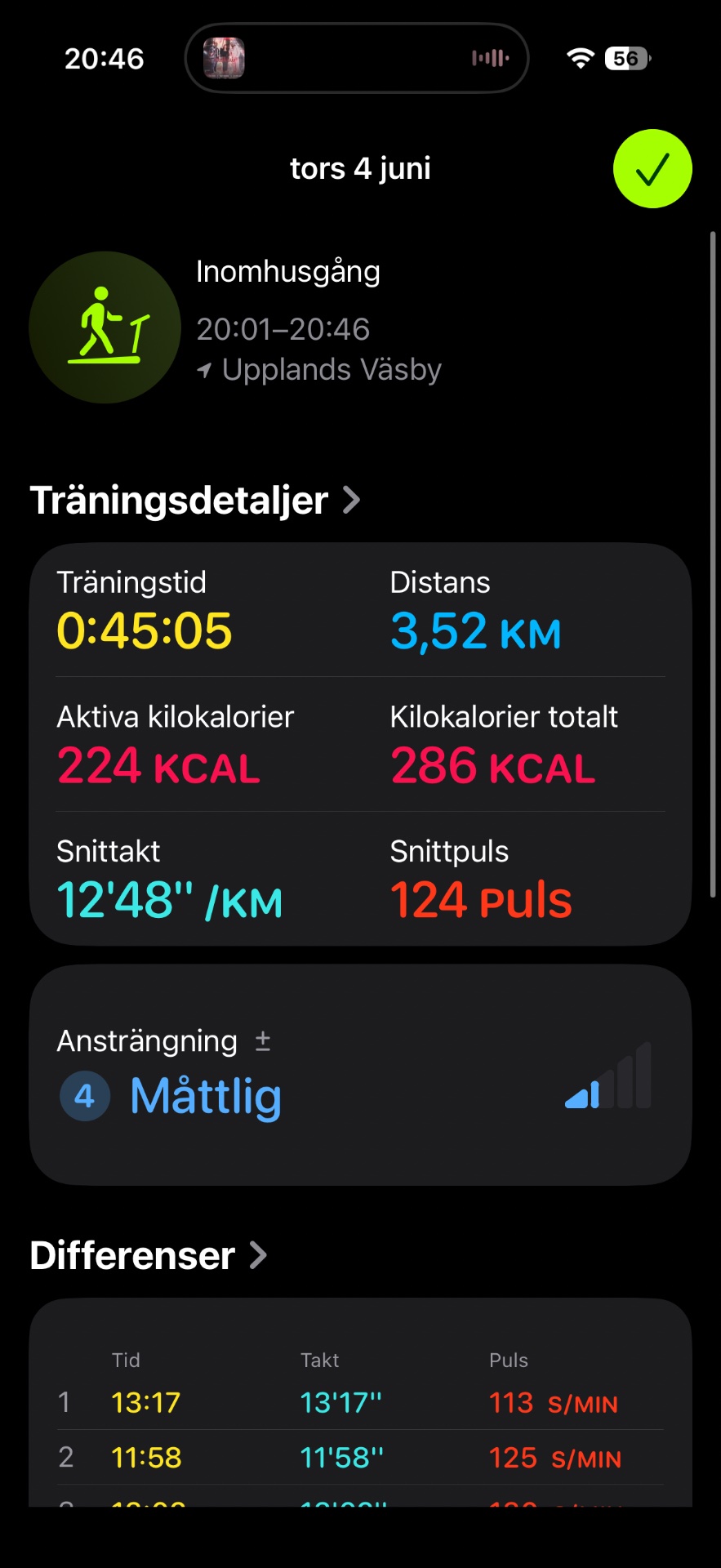 A 45-minute trail run at Upplands Väsby covering 3.52 km with 224 active calories burned. Great effort with an average pace of 12'48"/km!