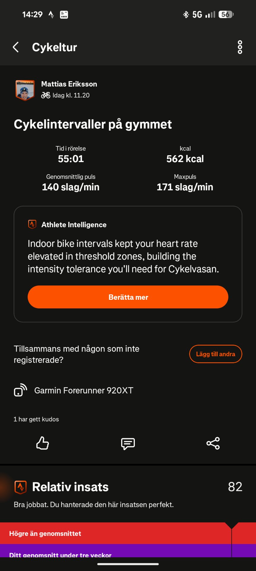 Indoor cycling interval workout on a stationary bike, burning 562 calories over 55 minutes with high-intensity threshold training to build cardiovascular endurance.