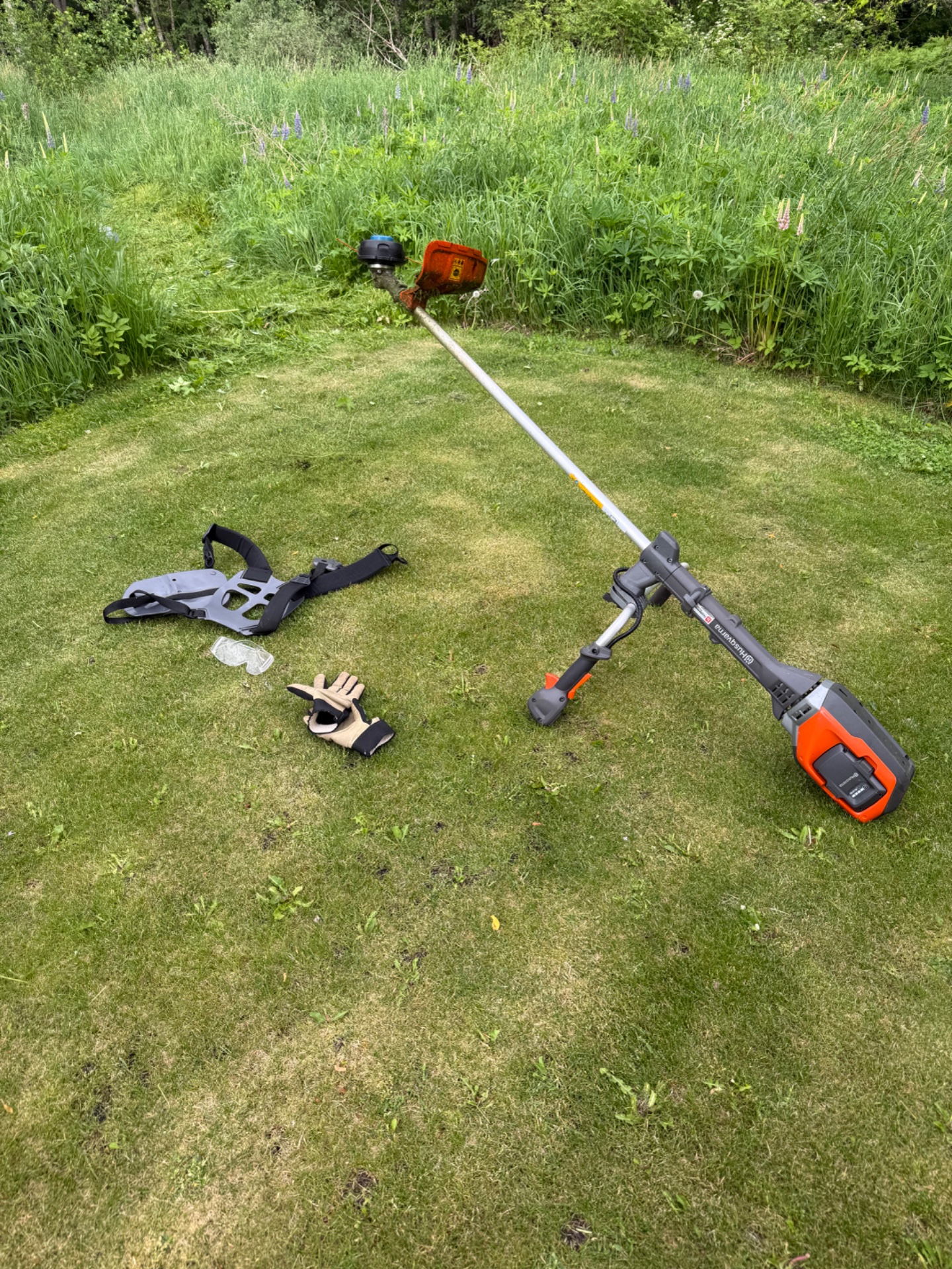 Outdoor yard work and landscaping activity using a string trimmer and other tools on a grassy field. This type of manual labor provides steady-state cardiovascular activity.
