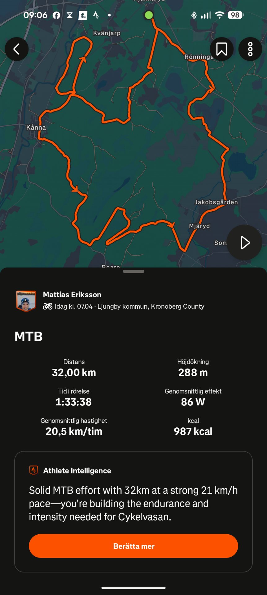 Epic 32km mountain bike ride through Kronoberg County with 288m elevation gain, averaging a strong 20.5 km/h pace over 1 hour 33 minutes. A solid MTB effort building endurance and intensity!