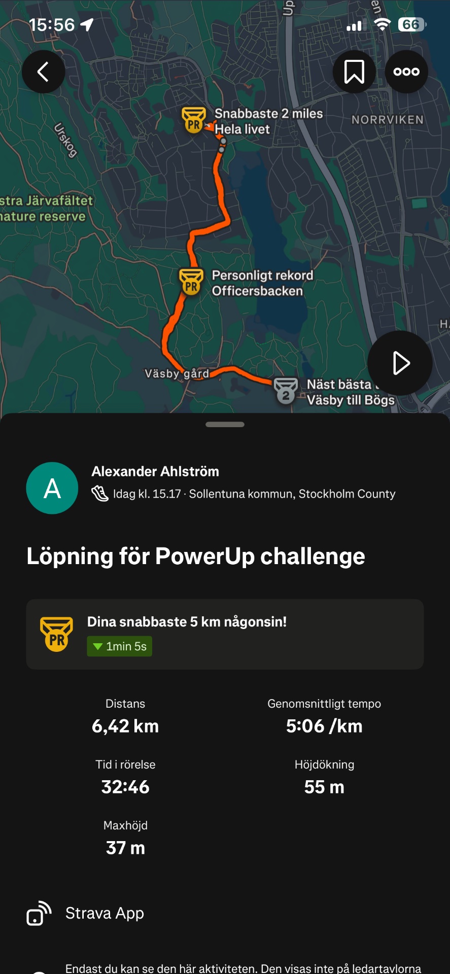 An impressive 6.42 km run completed in 32:46 at an average pace of 5:06/km as part of a PowerUp challenge. Alexander crushed this workout with 55m of elevation gain through the Sollentuna area near Stockholm!