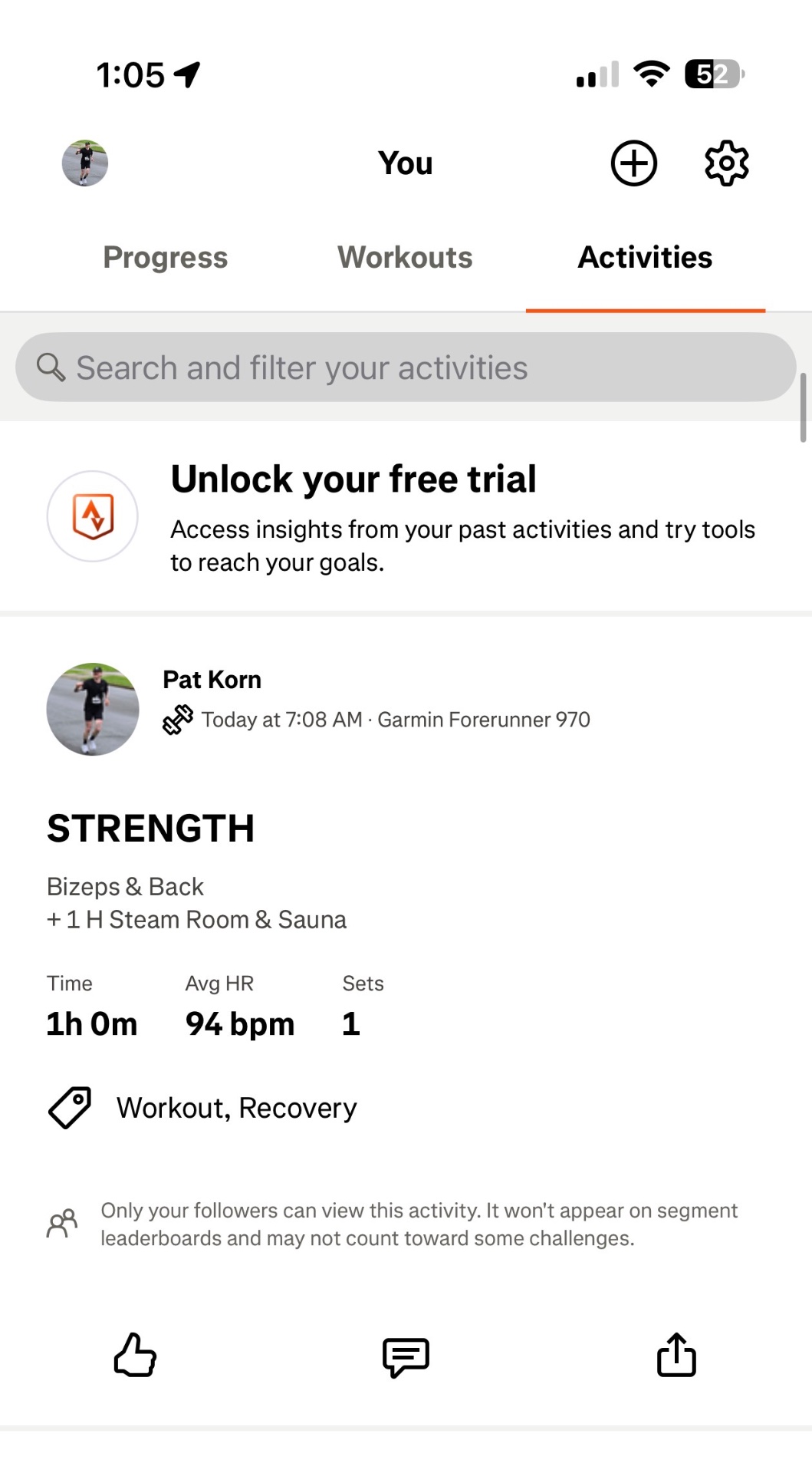 A focused strength training session targeting biceps and back, followed by recovery time in the steam room and sauna. The workout lasted 1 hour with an average heart rate of 94 bpm.