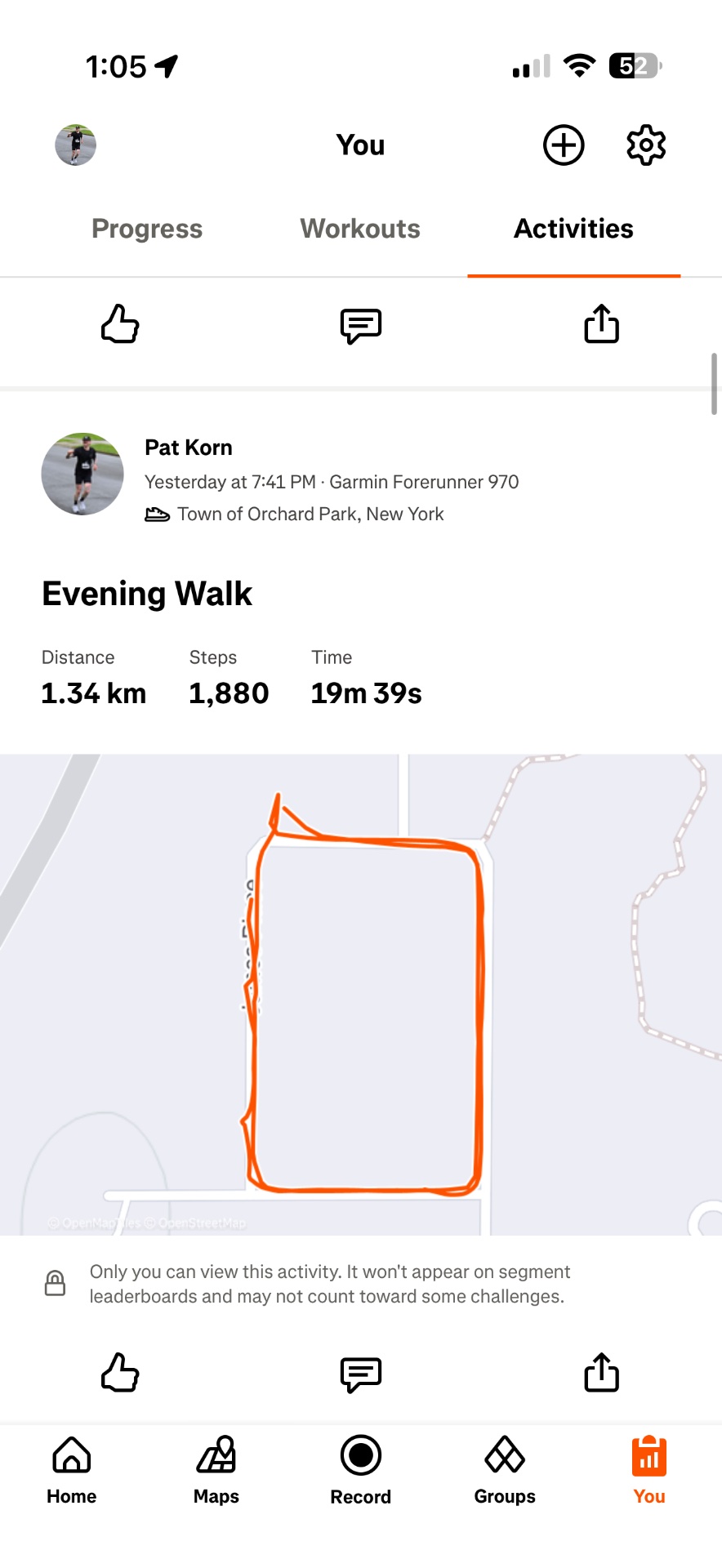 Evening walk covering 1.34 km with 1,880 steps in 19 minutes 39 seconds at Orchard Park, New York, tracked via Garmin Forerunner 970.