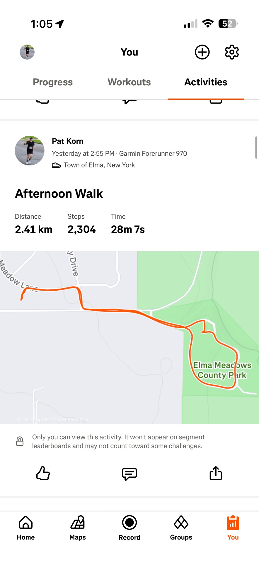 An afternoon walk through the Town of Elma, New York covering 2.41 km in 28 minutes and 7 seconds, tracked via Garmin Forerunner 970. A nice leisurely outdoor walking activity!