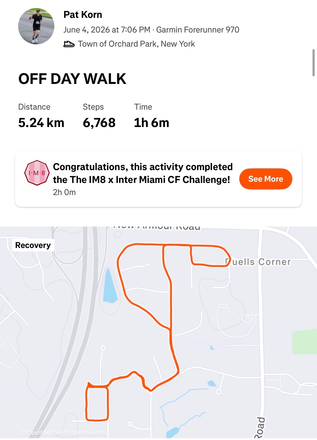 An off-day walk covering 5.24 km in 1 hour 6 minutes through Town of Orchard Park, New York. This recovery walk completed the IM8 x Inter Miami CF Challenge!