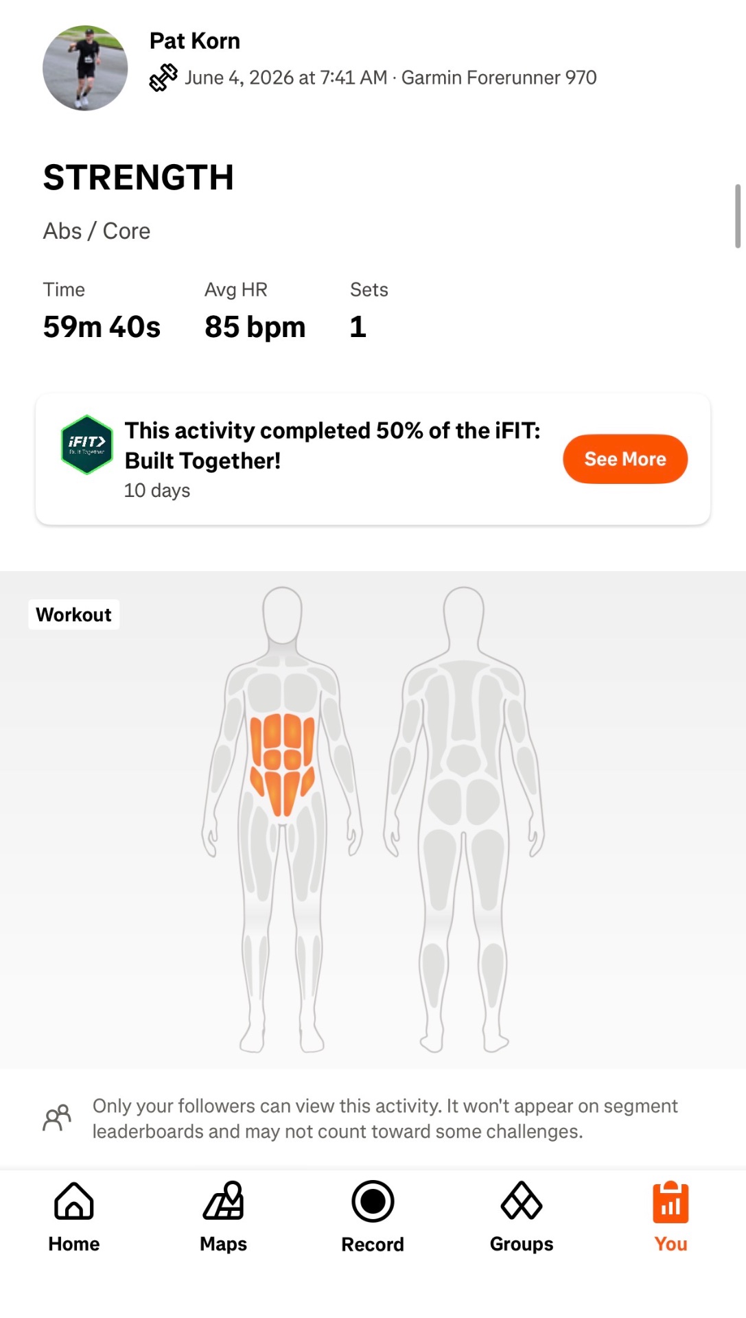 Core and abs-focused strength workout lasting nearly an hour, with targeted engagement of the abdominal muscles shown in the muscle activation map!