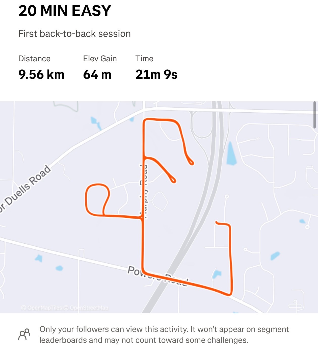 A 20-minute easy run covering 9.56 km with 64 m elevation gain, showcased as a back-to-back session on a running app map.