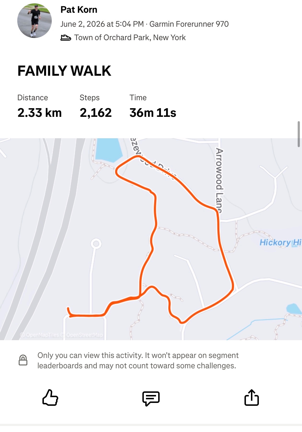 A leisurely family walk through Orchard Park, New York covering 2.33 km in about 36 minutes. Great low-intensity cardio activity captured on a Garmin Forerunner 970!