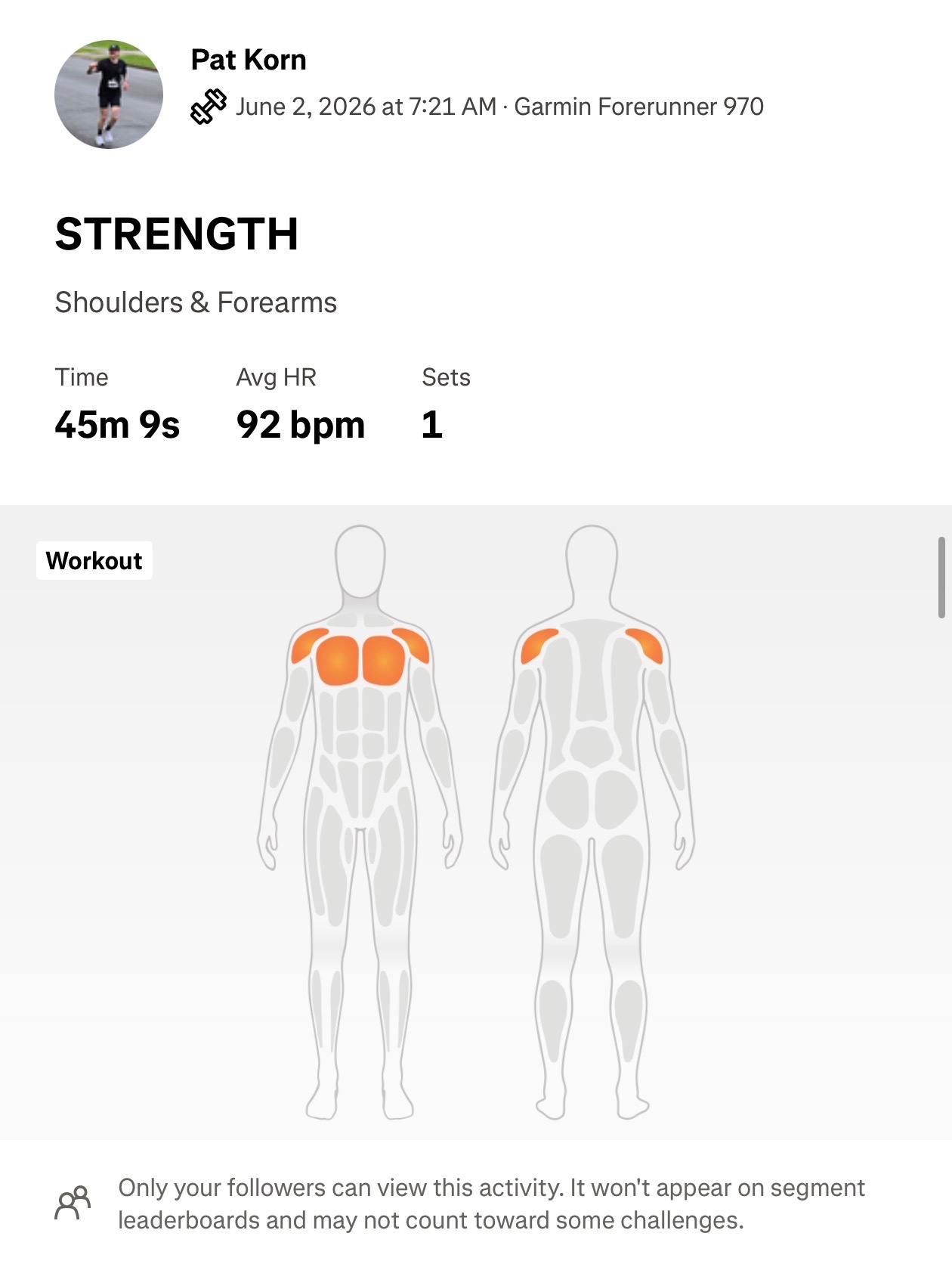 Pat Korn completed a focused shoulders and forearms strength workout lasting 45 minutes with an average heart rate of 92 bpm, tracked on Garmin Forerunner 970. The muscle map clearly shows targeted upper body resistance training.