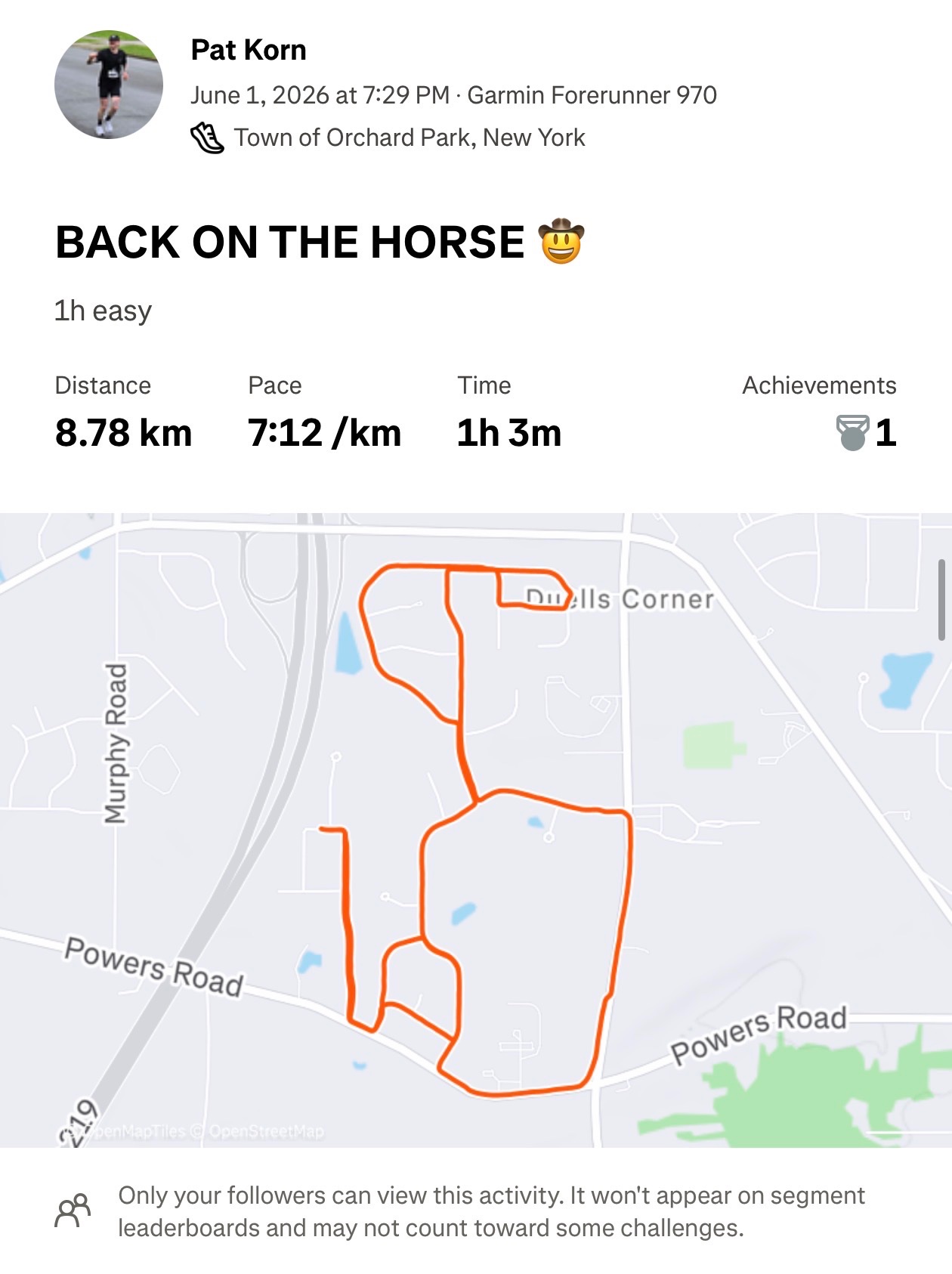 Pat Korn is back on track with an easy 8.78 km run through Orchard Park, New York, completed in 1 hour 3 minutes at a steady 7:12/km pace on the Garmin Forerunner 970.