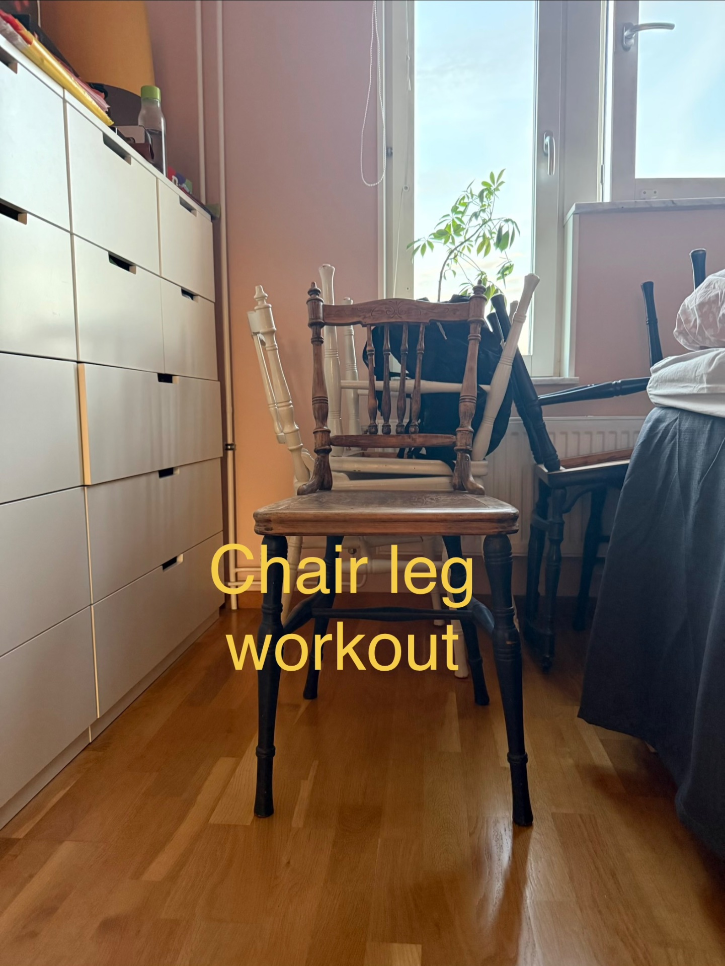 Chair leg workout using bodyweight resistance exercises! This creative home workout leverages a sturdy chair for lower body strength training, perfect for building leg endurance and muscle.