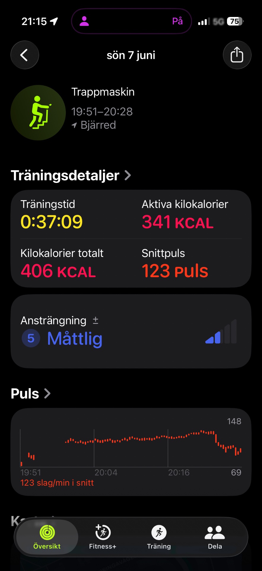 A stair climbing workout lasting 37 minutes on June 7th, burning 341 active calories with an average heart rate of 123 bpm. This intense cardio session shows great effort with a peak heart rate of 148!