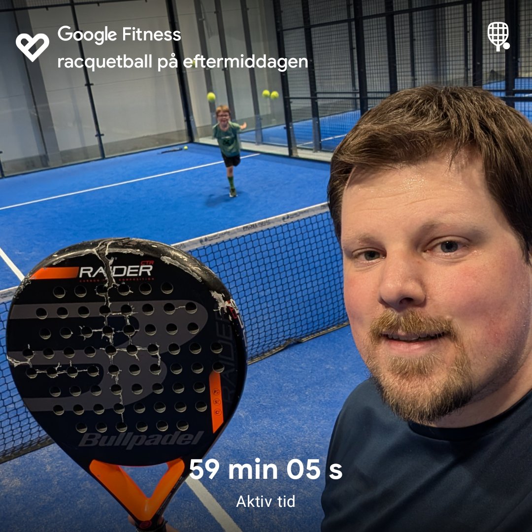 An intense racquetball session on the court! This 59-minute workout on a blue padel/racquetball court shows dynamic movement and competitive play—great cardio activity captured in Google Fitness.