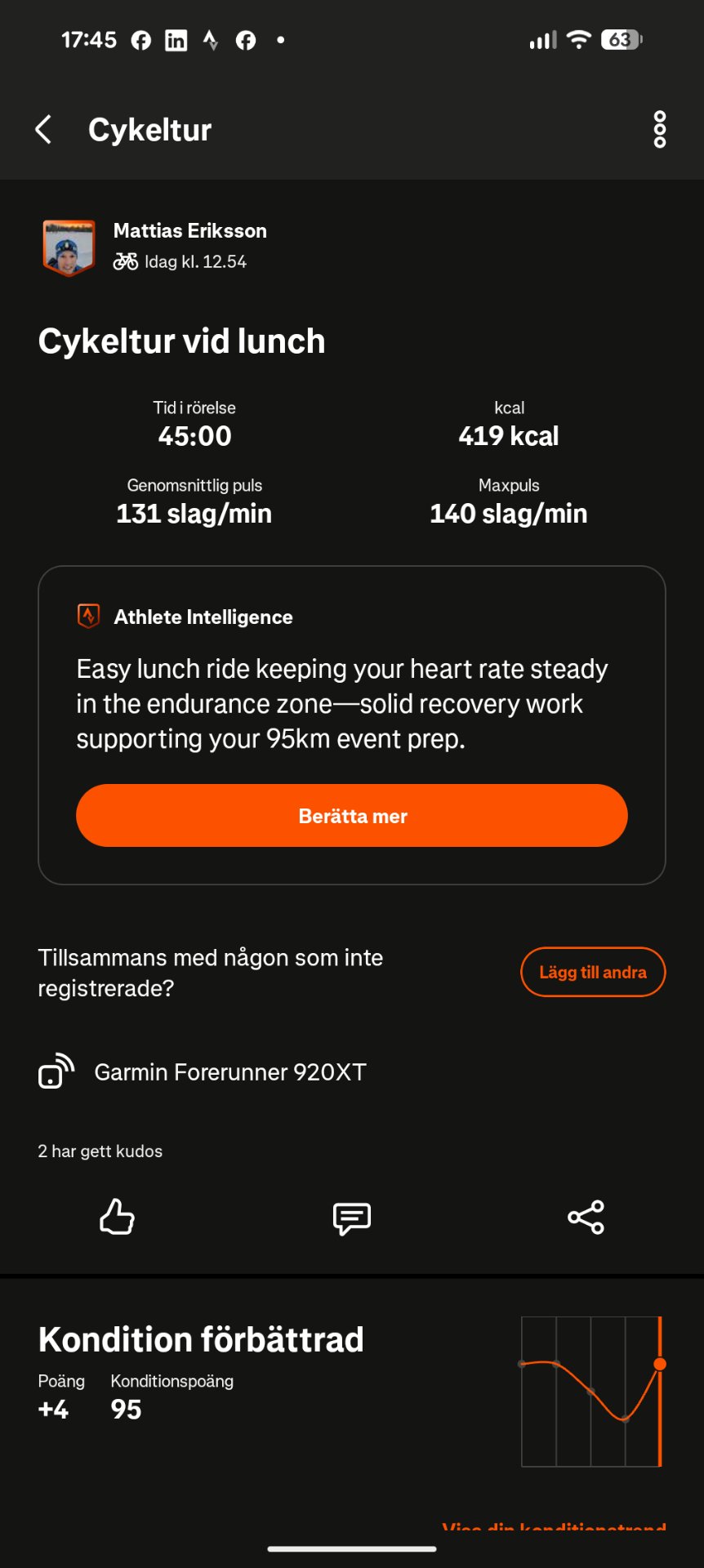 A 45-minute lunch ride on the bike with steady effort in the endurance zone, burning 419 calories and maintaining an average heart rate of 131 bpm. Great recovery work for 95km event preparation!