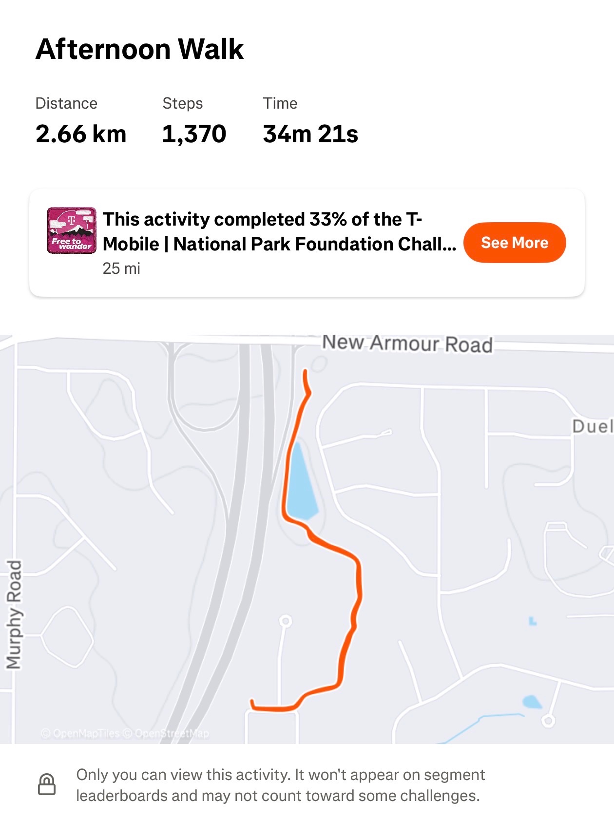 An afternoon walk covering 2.66 km in 34 minutes and 21 seconds, completing 33% of a T-Mobile National Park Foundation challenge. Great steady-paced walking workout!