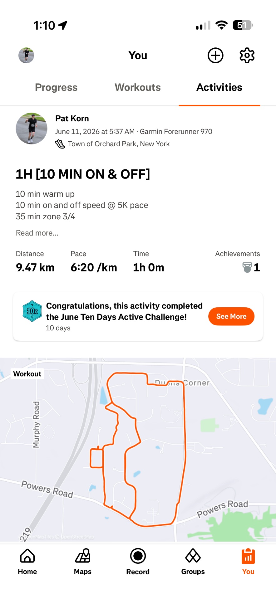 An intense 1-hour interval run featuring a 10-minute warm-up, 10 minutes of speed work at 5K pace, and 35 minutes in zone 3/4, covering 9.47 km with an average pace of 6:20/km. This workout completed the June Ten Days Active Challenge!