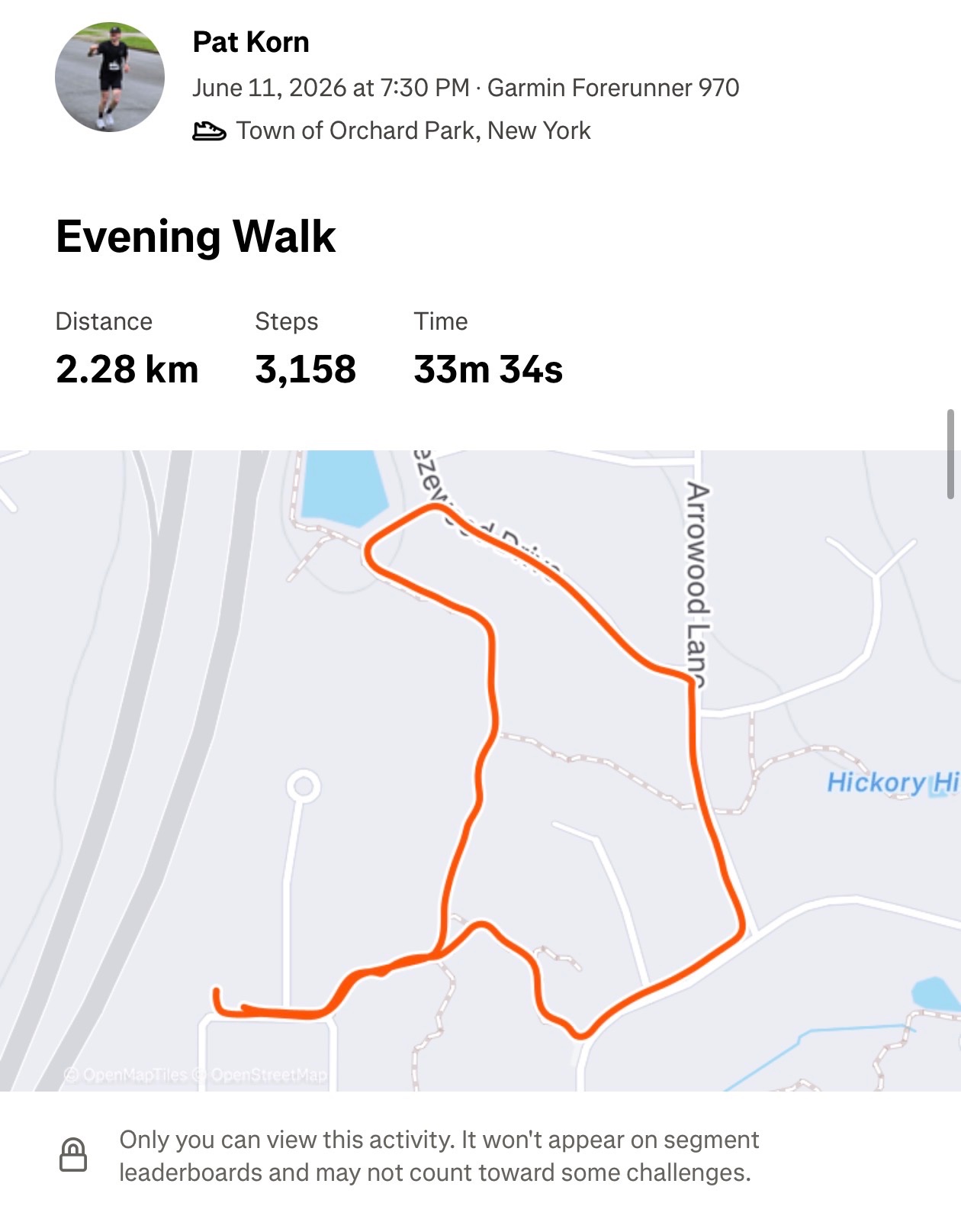 An evening walk covering 2.28 km in the Town of Orchard Park, New York, tracked on Garmin Forerunner 970. A great outdoor cardio session with 3,158 steps completed in 33 minutes and 34 seconds.