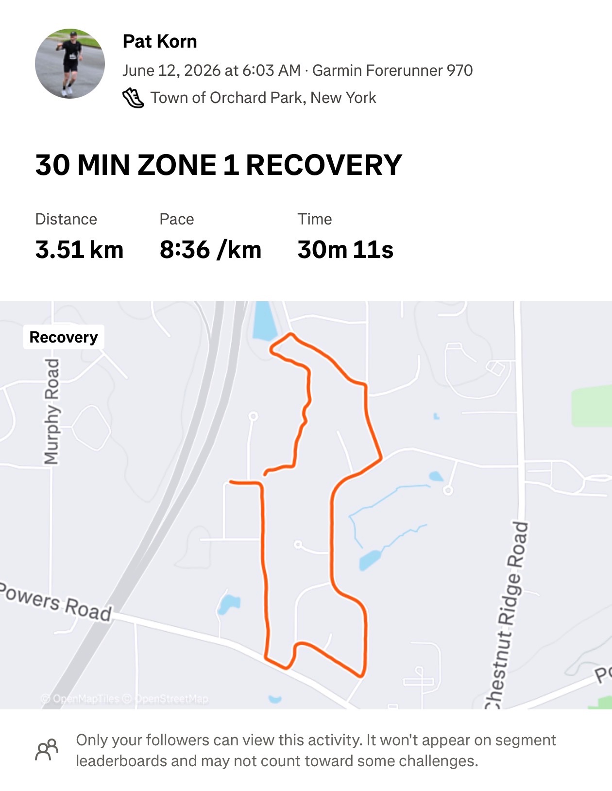 A 30-minute Zone 1 recovery run covering 3.51 km at a comfortable 8:36/km pace, tracked on Garmin Forerunner 970 through Town of Orchard Park, New York.