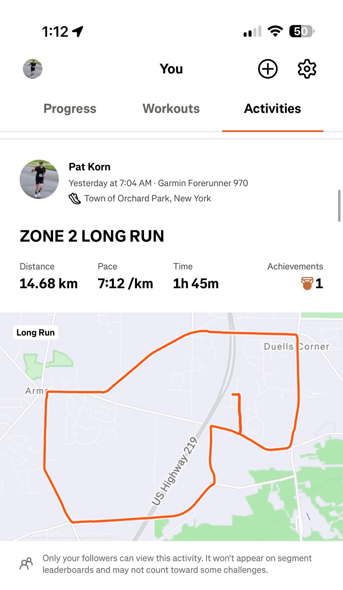 An impressive zone 2 long run of 14.68 km completed in 1 hour 45 minutes at a steady 7:12/km pace in Orchard Park, New York. This structured endurance workout shows serious aerobic training!
