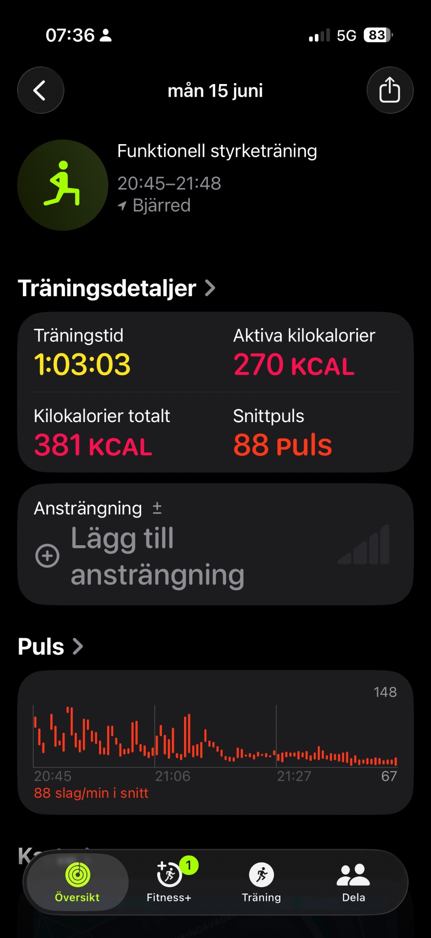 Functional strength training session lasting just over an hour, burning 381 total calories with 88 beats per minute average heart rate. A solid workout combining resistance and bodyweight exercises.