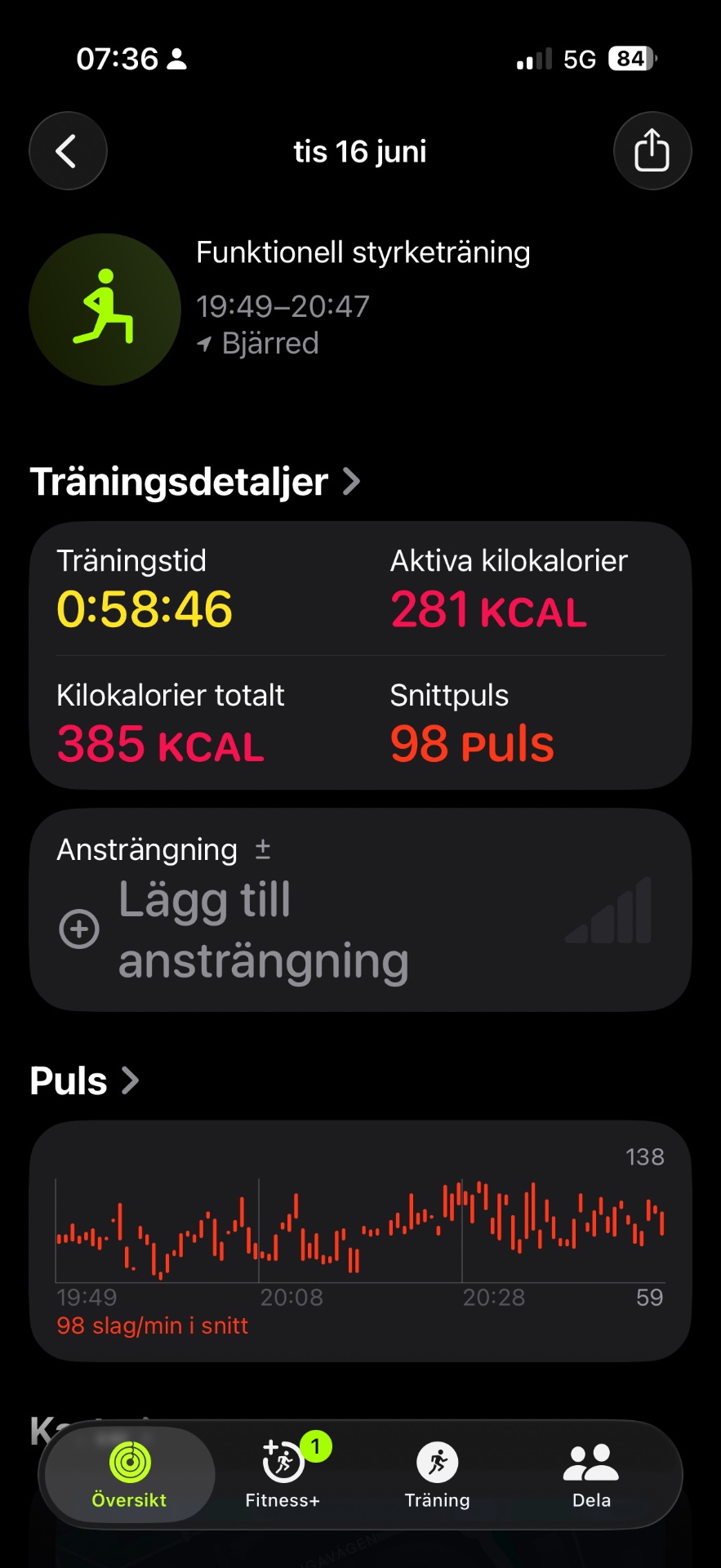 Functional strength training session lasting nearly an hour with 281 active calories burned and 98 beats per minute average heart rate. A solid workout combining resistance exercises with cardiovascular demands!