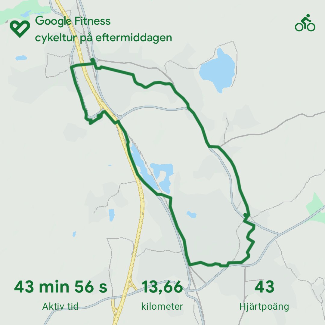A great cycling workout on Wednesday afternoon! This 13.66 km bike ride took 43 minutes and 56 seconds, covering a nice route through the Swedish countryside with solid pace and effort.