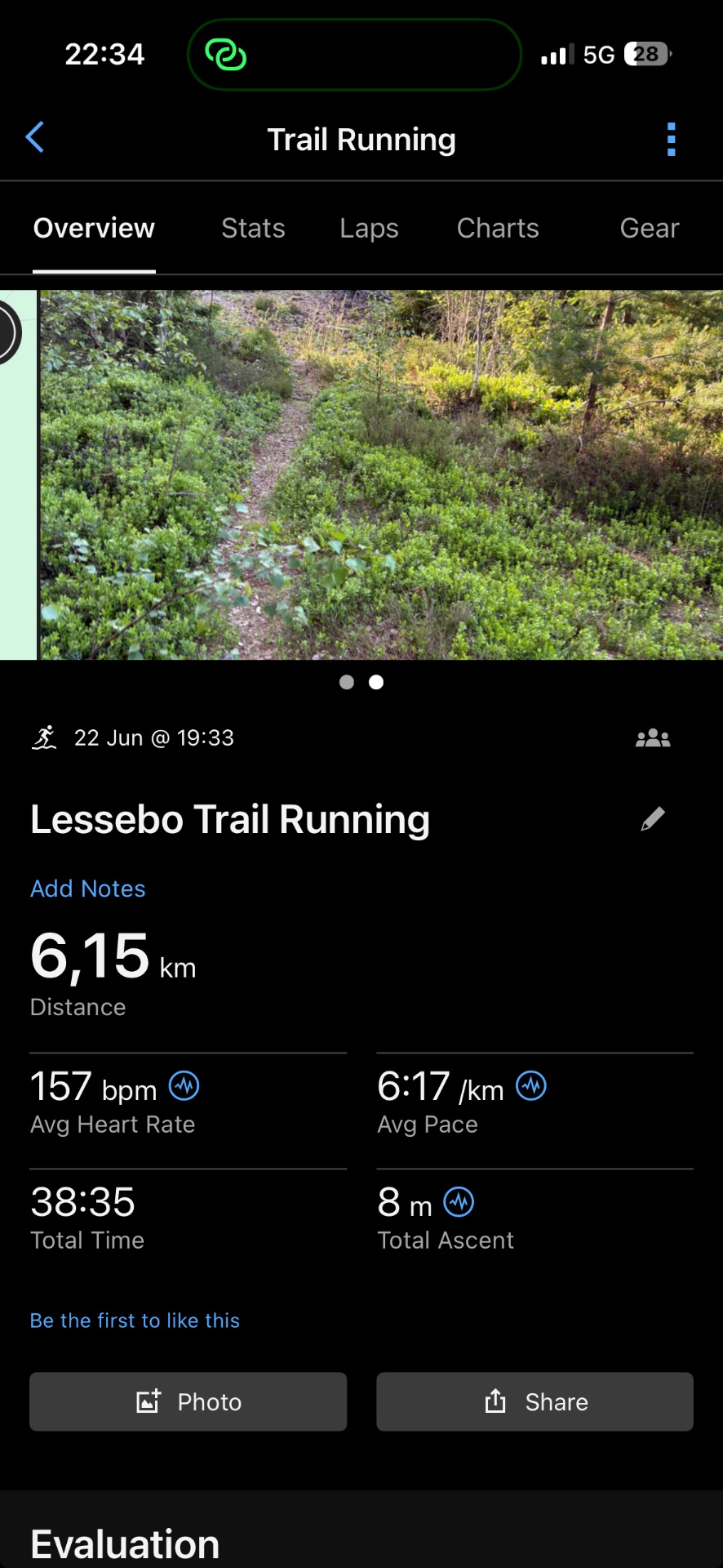 An awesome 6.15 km trail running session at Lessebo Trail with 38 minutes of intense outdoor action! Maintaining a solid 157 bpm average heart rate at a 6:17/km pace through beautiful forest terrain.