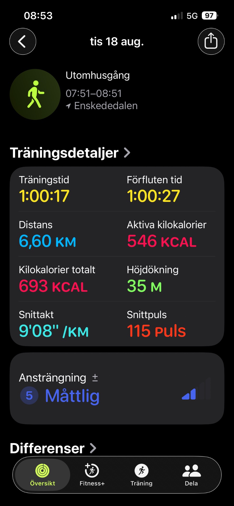 An hour-long morning run covering 6.60 km with an average pace of 9'08"/km and a heart rate averaging 115 bpm. A solid steady-state cardio session burning 546 active calories!